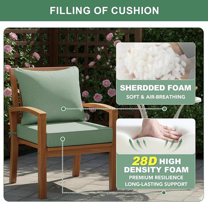 Summsun Outdoor Cushions for Patio Furniture, Faux Linen Water Resistant Backrest and Deep Seat Cushion Set with Removable Cover, Ties, Non-Slip Bottom, 22 x 22 Inch, Sage Green