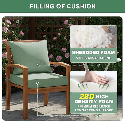 Summsun Outdoor Cushions for Patio Furniture, Faux Linen Water Resistant Backrest and Seat Cushion Set with Removable Cover, Ties, Non-Slip Bottom, 19 x 19 Inch, Sage Green