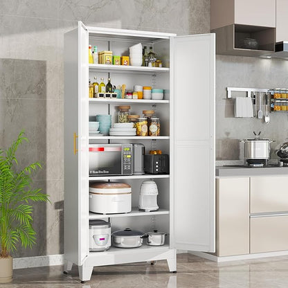 Ckzbx Metal Cabinets with Doors and Shelves, 75" H White Storage Cabinet Pantry Cabinet Garage Cabinets for Kitchen,Living Room, Dinning Room