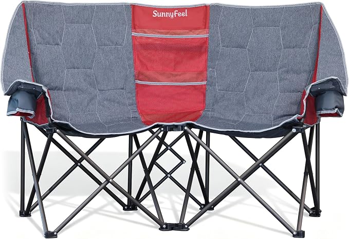 SUNNYFEEL Folding Double Camping Chair Oversized Loveseat for Adults | 600LBS Heavy Duty Padded Camping Couch with Cup Holder, Storage Pockets & Carry Bag for Patio RV/ Lawn/ Backyard