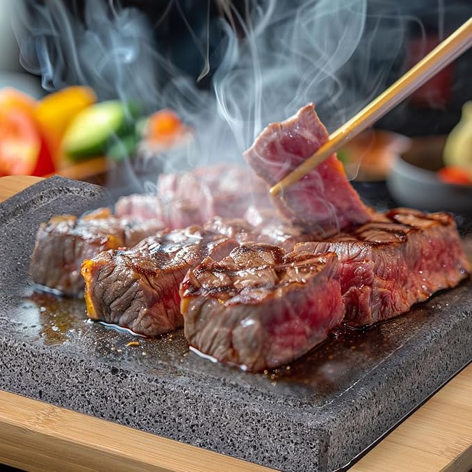 Artestia Steak Stone Set, 2PCS Volcanic Lava Stones, 8.46 x 6.49 in | Hot Stone Cooking Set with Bamboo Trays for Tabletop Sizzling Steak, Meat, Seafood & Vegetables, Restaurant-Style Dining
