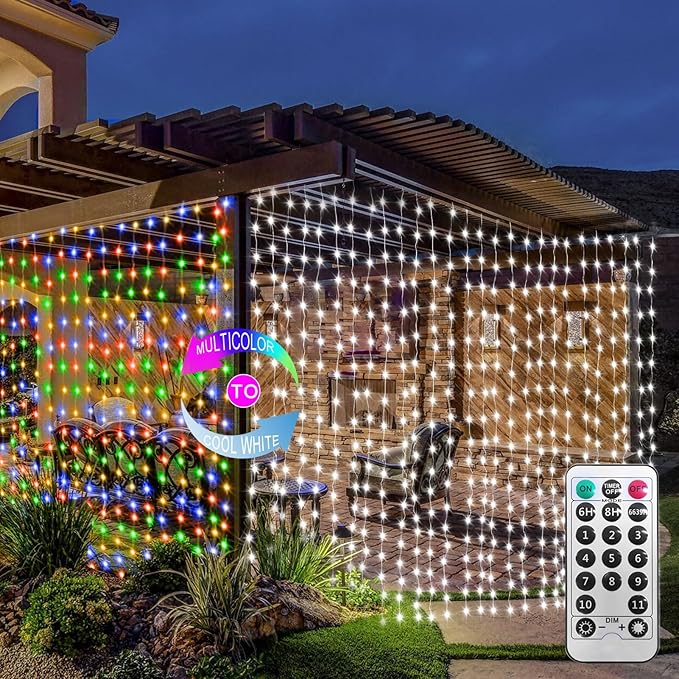 600 LED Curtain Lights 20Ftx10Ft Dual Color Changing Lights with Remote | Timer Connectable Christmas Lights Curtain Plug in Outdoor Waterproof for Bedroom Backdrop Decor, Cool White & Multicolor