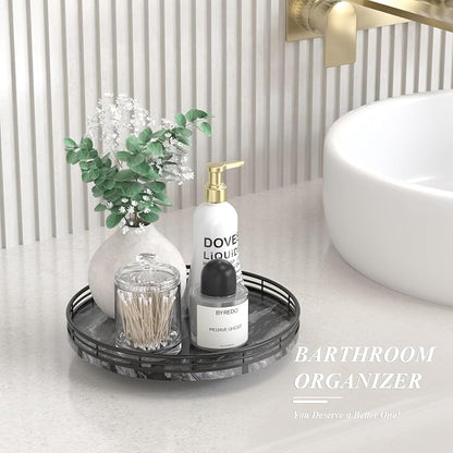 AMH 10-Inch Ancient Wood-Grain Marble Lazy Susan with Black Iron Frame | Smooth rotating oak tray with walnut finish for dining tables, kitchen counters, pantries and cabinet storage.