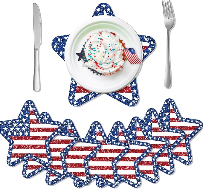 24 PCS Independence Day Star Shaped Placemats Set, 12" x 12" Patriotic American Flag Red White Blue Star Placemat Disposable Table Mats for 4th of July Party BBQ Picnic Dining Table Decoration