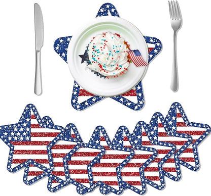 24 PCS Independence Day Star Shaped Placemats Set, 12" x 12" Patriotic American Flag Red White Blue Star Placemat Disposable Table Mats for 4th of July Party BBQ Picnic Dining Table Decoration