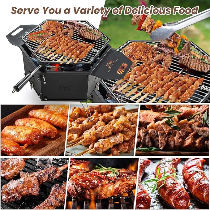 HAPPYGRILL Portable Charcoal Grill Stove, Outdoor Hibachi Grill Smoker w/ 360° Rotatable Grill, Foldable Body & Legs, Heavy-duty BBQ Grill w/Handles for Cooking & Heating