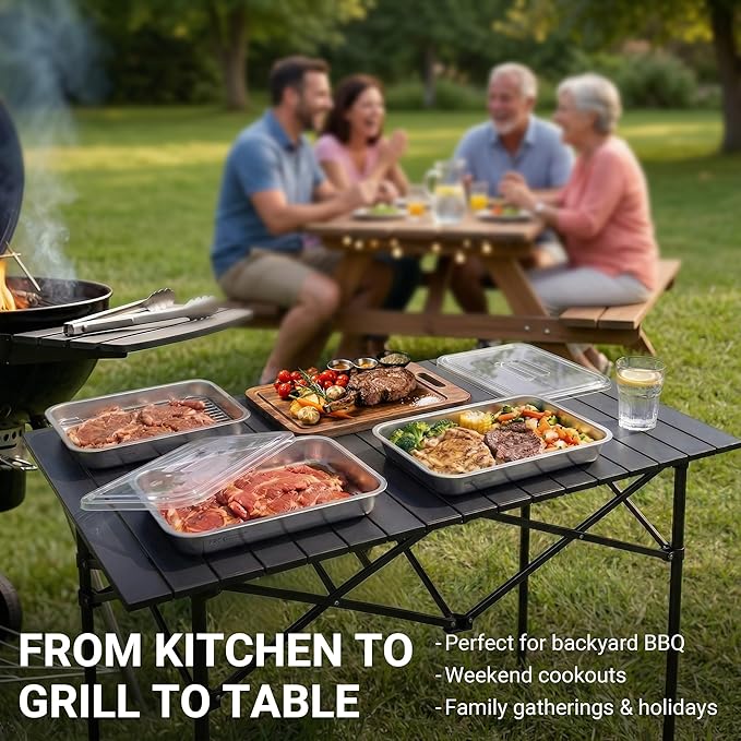 Grilling Prep and Serve Trays with Spill-Reducing Lids, 304 Stainless Steel BBQ Grill Carry System with Drain Board & Acacia Cutting Board