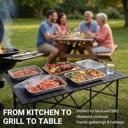 Grilling Prep and Serve Trays with Spill-Reducing Lids, 304 Stainless Steel BBQ Grill Carry System with Drain Board & Acacia Cutting Board
