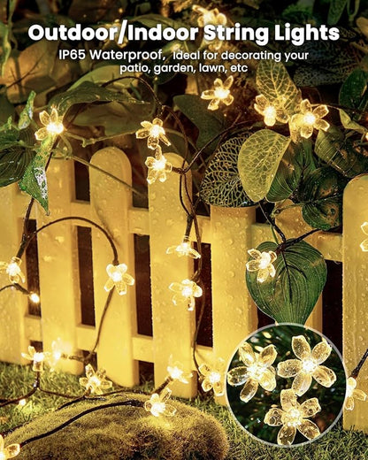 Brightown 60 LED Flower Solar String Lights Outdoor Waterproof, Fairy Lights for Garden Yard Fence Patio Christmas Tree Wedding Party Decor, Warm Whtie, 2 Pack