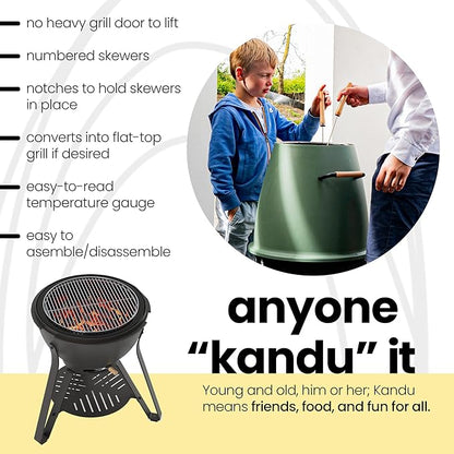Kandu Outdoor Charcoal Oven Grill, Flame Red - Cooks from All Directions, Space Saving, Includes 8 Skewers, Up to 750 Degrees - Quick Vertical Cooking Locks in Flavor, Nutrients & Moisture