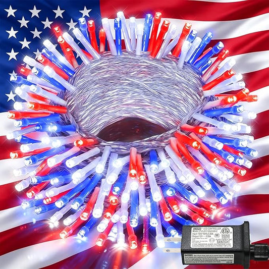 Red White and Blue String Lights, 66FT 200 LED 4th of July Lights Outdoor with 8 Modes, Waterproof Independence Decorations Lights for Indoor Memorial Day House Party Holiday