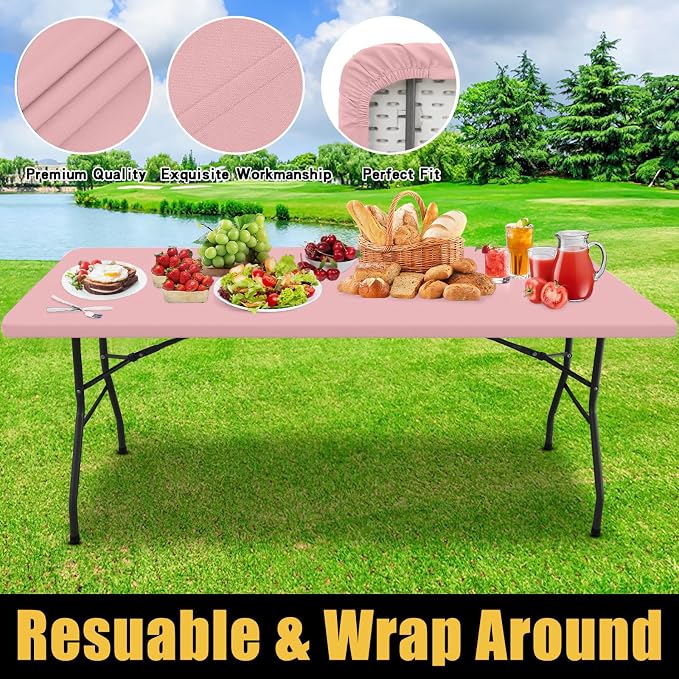 Smiry Rectangle Picnic Table Cloth, Waterproof Elastic Fitted Tablecloths for 8 Foot Tables, Washable Polyester Table Cover for Camping, Indoor and Outdoor (Baby Pink, 30"x96")