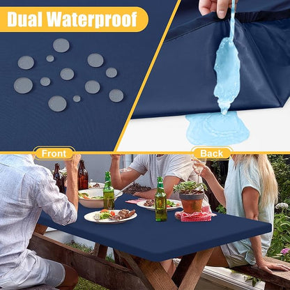 Rectangle Table Cloth, Waterproof Elastic Fitted Tablecloth for 8 Foot Folding Tables, Washable Polyester Tablecloths for Picnic, Camping, Outdoor (Navy Blue, 30"x96")