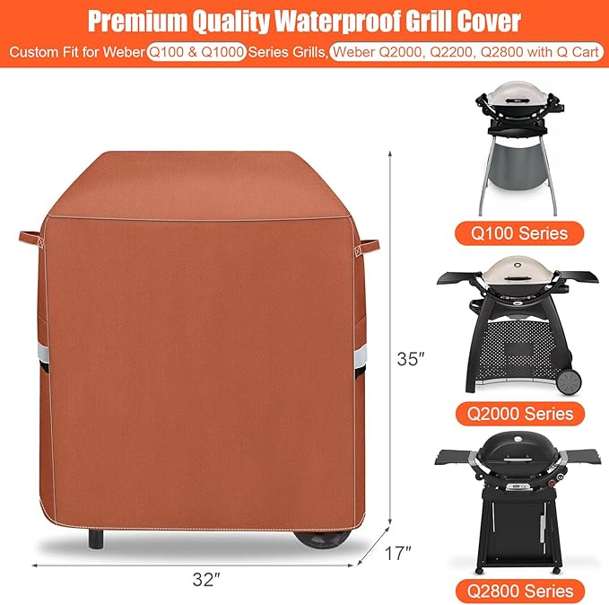 QuliMetal 7113 Grill Cover for Weber Q100 Q120 Q1000 Q1200 Q200 Q220 Q2000 Q2200 Q2400 Q2800N+ Series Gas Grills, 600D Waterproof Fade Resistant BBQ Gas Grill Cover, Brown