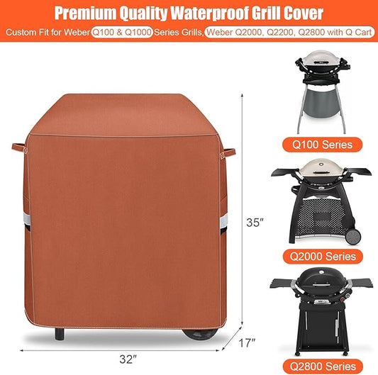 QuliMetal 7113 Grill Cover for Weber Q100 Q120 Q1000 Q1200 Q200 Q220 Q2000 Q2200 Q2400 Q2800N+ Series Gas Grills, 600D Waterproof Fade Resistant BBQ Gas Grill Cover, Brown