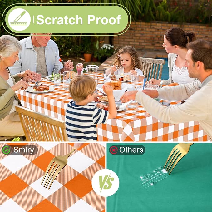 Smiry Oval Table Cloth, Vinyl Tablecloths with Flannel Backing, 60"x84" | Waterproof Picnic Table Cloth, Wipeable Buffalo Plaid Table Cover for Indoor and Outdoor (Orange & White)