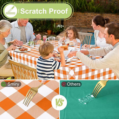 Smiry Picnic Table Cloth, Vinyl Tablecloths with Flannel Backing, 60"x144" | Waterproof Rectangle Table Cloth, Wipeable Buffalo Plaid Table Cover for Indoor and Outdoor (Orange & White)