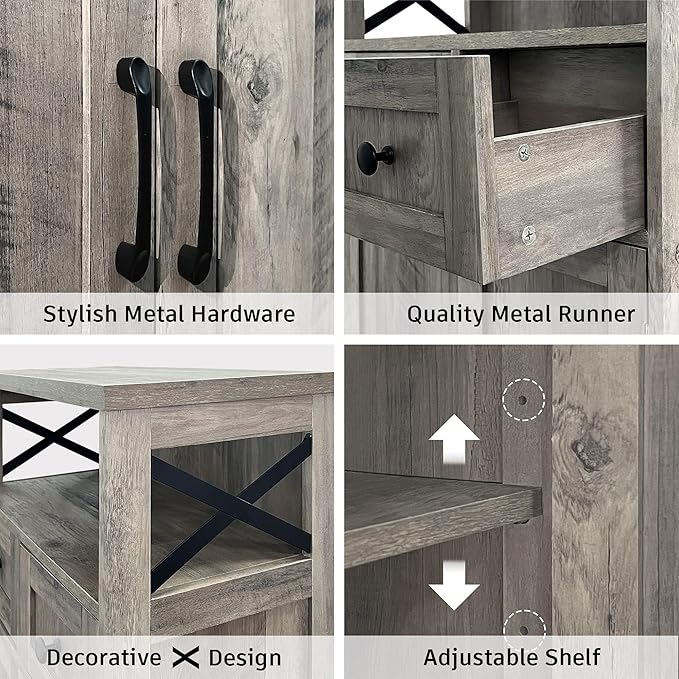 Befrases Farmhouse Storage Cabinet with Drawers and Shelf, Freestanding Kitchen Pantry Hutch for Kitchen, Living Room, Home Office, Rustic Grey
