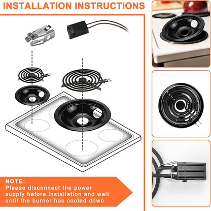 MP22YA Stove Burner & Black Porcelain Drip Pan with 330031 Receptacle Kit | Porcelain Stove Drip Pans of 4 & MP22YA Electric Range Burner Fit for Amana Whirlpool Stove, Replace W10290350 W10290353