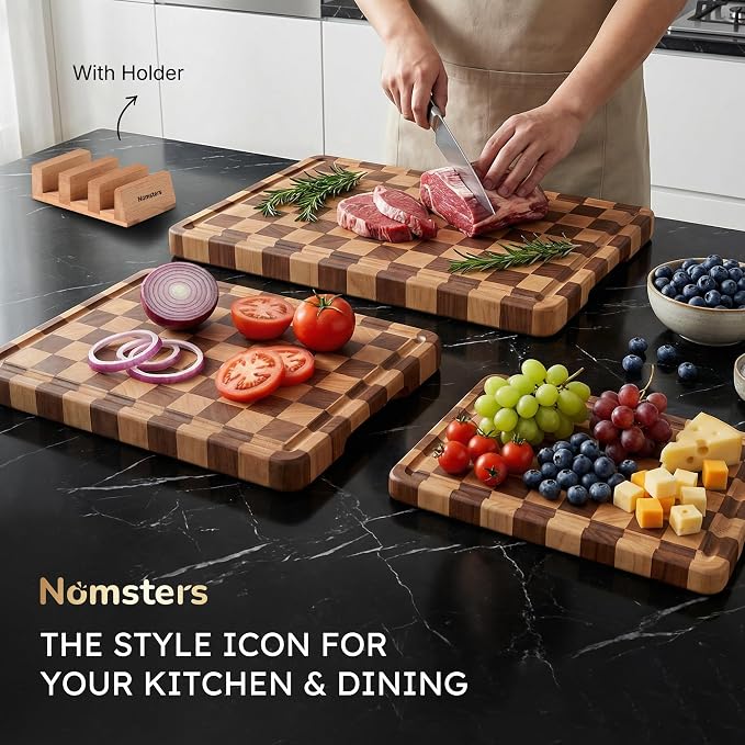 3 Packs Cutting Boards for Kitchen Checkered Cutting Board Acacia Wood Charcuterie Board Serving Heavy Duty Non Toxic Slip Butcher Block Wood Chopping Board with Juice Grooves Handles