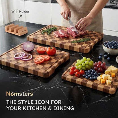 3 Packs Cutting Boards for Kitchen Checkered Cutting Board Acacia Wood Charcuterie Board Serving Heavy Duty Non Toxic Slip Butcher Block Wood Chopping Board with Juice Grooves Handles