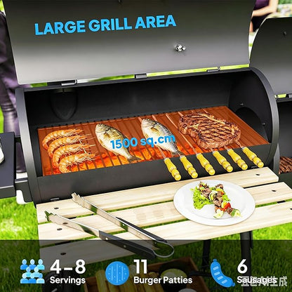 Portable Charcoal Grill with Foldable Side Shelf & Bottom Shelf, BBQ Smoker with Wheels and Adjustable Lid Vents for Picnic, Camping, Backyard Cooking (48.75" x 20.75" x 41")