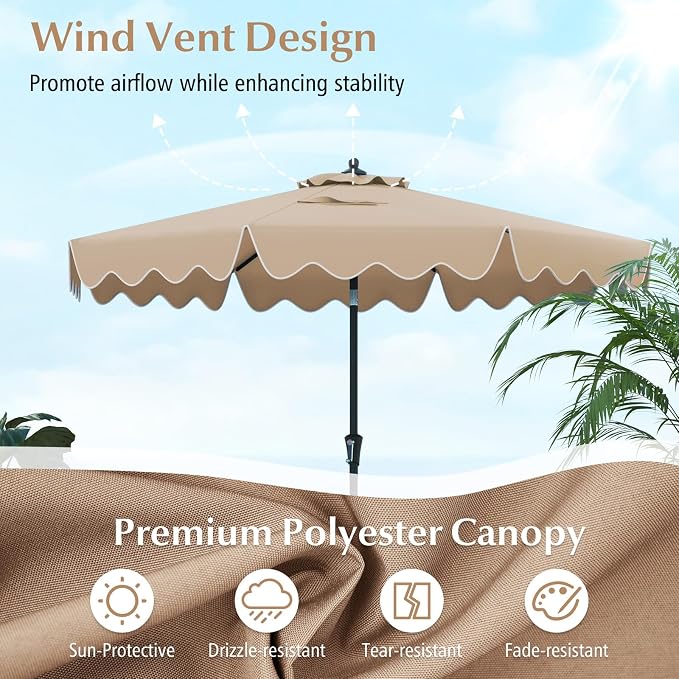 Tangkula 9Ft Patio Umbrella with Crank, 2-Tier Outdoor Umbrella with Push Button Tilt, Sun-Protective Canopy, 8 Ribs, Scalloped Patio Umbrella for Outdoor Beach Deck Pool Table (Coffee)