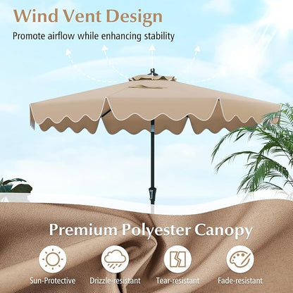 Tangkula 9Ft Patio Umbrella with Crank, 2-Tier Outdoor Umbrella with Push Button Tilt, Sun-Protective Canopy, 8 Ribs, Scalloped Patio Umbrella for Outdoor Beach Deck Pool Table (Coffee)