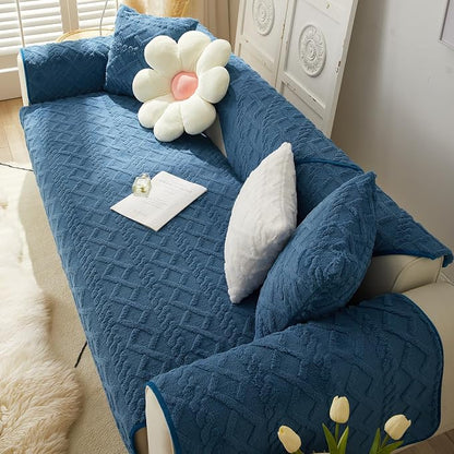 vctops Geometric Jacquard Plush Sofa Couch Covers Farmhouse Neutral Non Slip Sectional Couch Cover Soft Warm Sofa Slipcover for Dogs, Children, Pets Furniture Protector (Dark Blue B,28"x70")