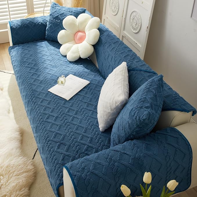 vctops Geometric Jacquard Plush Sofa Couch Covers Farmhouse Neutral Non Slip Sectional Couch Cover Soft Warm Sofa Slipcover for Dogs, Children, Pets Furniture Protector (Dark Blue B,43"x63")