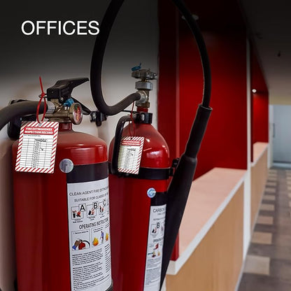 Fire Extinguisher Inspection Tags 2026-2029, Plastic 2.25 x 3 Inch Red for Indoor Outdoor Use, Durable Double-Sided Monthly Record and Pass Instructions, Include Zip Ties, 10 Pack