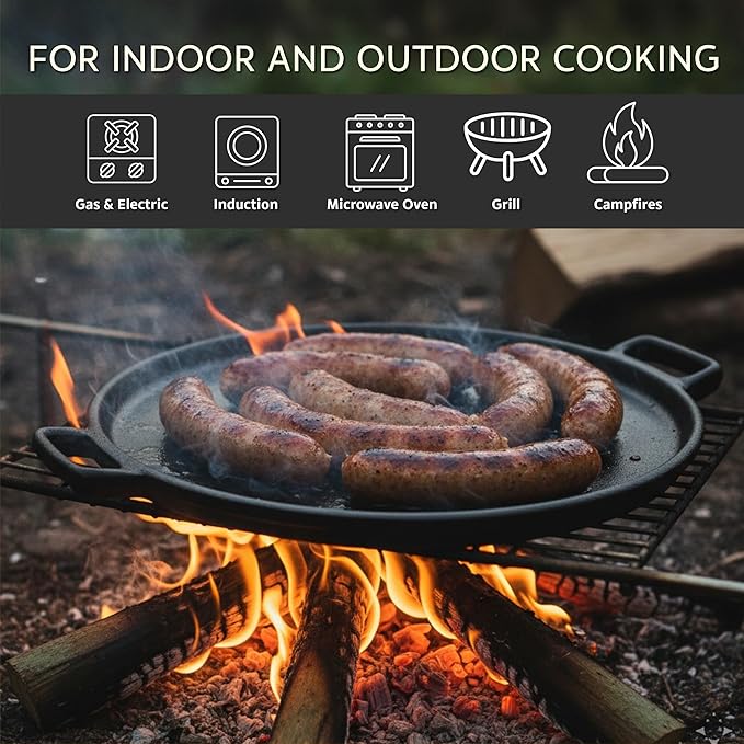 Home-Complete Cast Iron Pizza Pan - 14-Inch Baking Pan for Oven, Stovetop, Grill, or Campfires - Durable, Even-Heating, Versatile Cast Iron Griddle