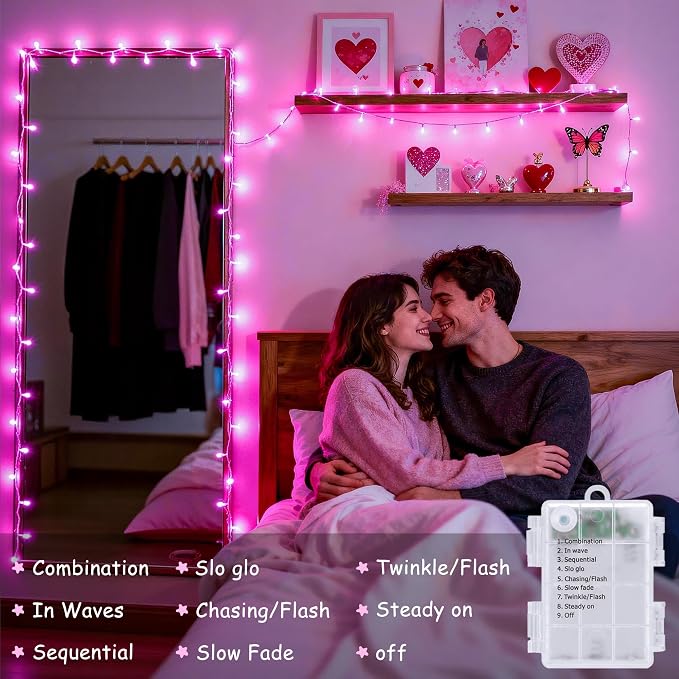 JMEXSUSS 33ft 100 LED Pink Valentine Lights Indoor Outdoor, Pink Battery Operated Lights with 8 Modes Remote, Christmas String Light for Valentine's Day Bedroom Party Tree Decor (Pack of 2)