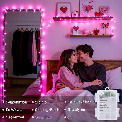 JMEXSUSS 33ft 100 LED Pink Valentine Lights Indoor Outdoor, Pink Battery Operated Lights with 8 Modes Remote, Christmas String Light for Valentine's Day Bedroom Party Tree Decor (Pack of 2)