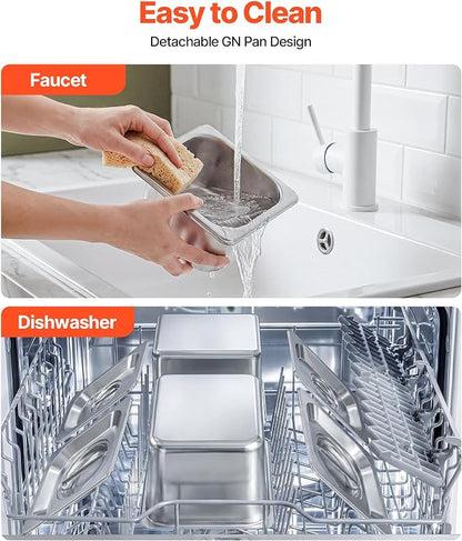 VEVOR Countertop Food Serving Display Container, Stainless Steel Food Salad Server Tray, Buffet Condiment Dispenser, Ice Cooled Rack with Separate Lid, for Restaurant Hotel Kitchen Party (6x1/6 Pan)