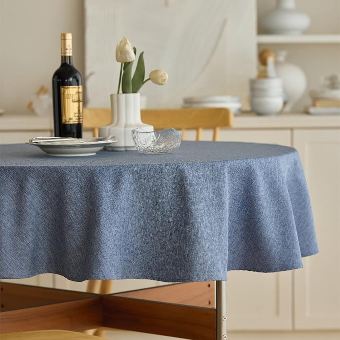Decorelia Waterproof Faux Linen Rustic Farmhouse Table Cloth for Round Table, Texture Wrinkle-free Outdoor Table Cover for Party, Wedding, Picnics, Patio Table (60 Inch, Round (2-4 Seats), Denim Blue)