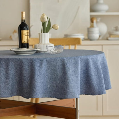 Decorelia Waterproof Faux Linen Rustic Farmhouse Table Cloth for Round Table, Texture Wrinkle-free Outdoor Table Cover for Party, Wedding, Picnics, Patio Table (60 Inch, Round (2-4 Seats), Denim Blue)