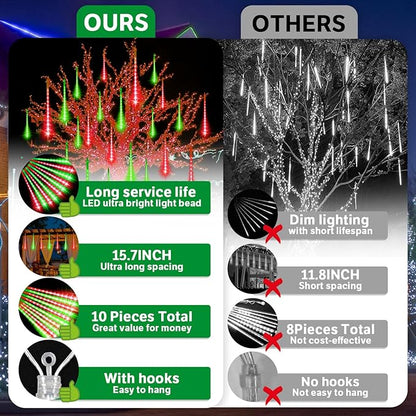 LAMPHOME Christmas Lights Outdoor,12-inch LED Meteor Shower Icicle Lights, 10 Tubes 240 LED String Lights. Waterproof Plug, Shower Rain for Xmas Tree Yard House Decor Red&Green