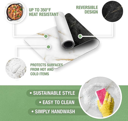 RIMONA'S Heat Resistant Table Runner - Waterproof, Table Protector, Heat Proof Trivet 350F for Hot Plates & Pots, Ideal for Gifting, Mother-in-Law Gift, Reversible White & Black Marble Runner
