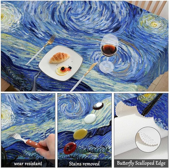 Swono Van Gogh Table Cloth Abstract Starry Night Art Painting Rectangular Tablecloth Picnic & BBQ Table Cover Polyester Kitchen Home Dining 50x72 Inch