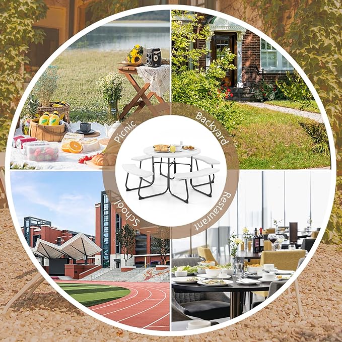 COSTWAY Round Picnic Table with Umbrella Hole, Outdoor Picnic Table with Bench Set for 4-8 People, HDPE Tabletop, Patio Dining Furniture Set for Family Gatherings, BBQ Party, Backyard (White)