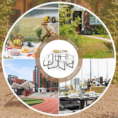 COSTWAY Round Picnic Table with Umbrella Hole, Outdoor Picnic Table with Bench Set for 4-8 People, HDPE Tabletop, Patio Dining Furniture Set for Family Gatherings, BBQ Party, Backyard (White)