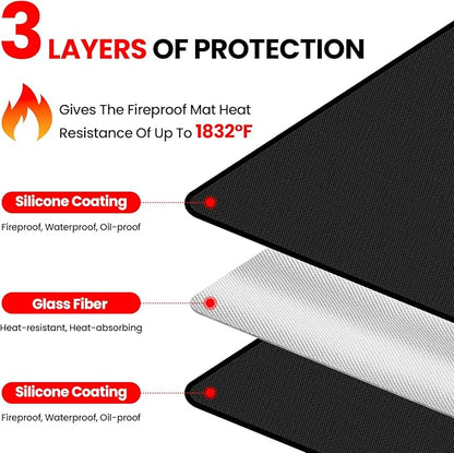 48 x 36 Inch Under Grill Mat with Storage Bag, Double-Sided Silicone Fiberglass Grill Pad, Fire Resistant Waterproof Oil-Proof BBQ Mat for Deck, Patio, Lawn, Smoker, Griddle & Fire Pit