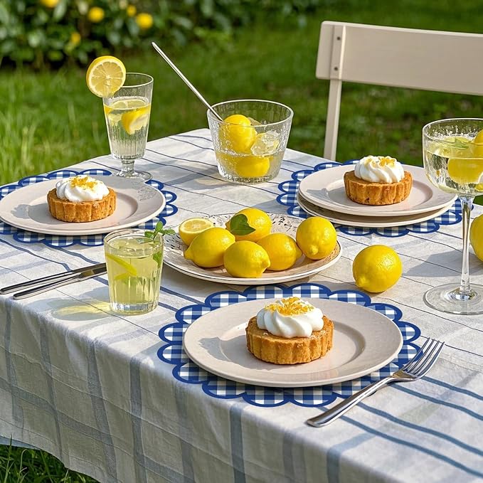 100Pcs Checkered Paper Placemats Dark Blue Gingham Place Mats 13.5 Inch Disposable Round Decorative Dining Table Mat with Scalloped Edge Paper Cutouts Decor for Summer Picnic BBQ Table Party Supplies
