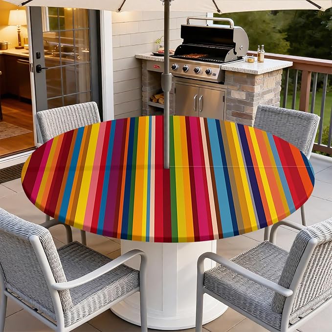 Outdoor Tablecloth with Umbrella Hole and Zipper Fits 53-60" Tables | Waterproof Round Fitted Tablecloth with Elastic Edge, Wipeable Outdoor Table Cover for Patio, Garden, Picnic