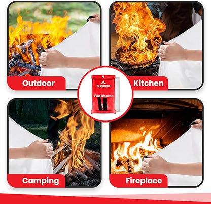 AI FORCE Fire Blanket with Gloves & Hooks (4-Pack, Fiberglass, Red) – Fireproof Emergency Safety Blanket for Home, Kitchen, Fireplace, Camping, BBQ, Grease & Outdoor Fires – Survival Gear