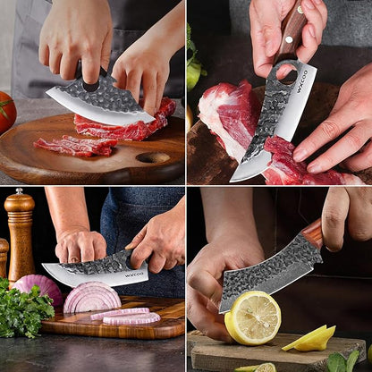 Hand Forged 3-Piece Knife Set High Carbon SteelKitchen Knives Meat Boning Cleaver Cheese Knife Professional Butcher Hunting Fish Fruit Viking Knife with Sheath for Hiking, Camping, Fishing, BBQ