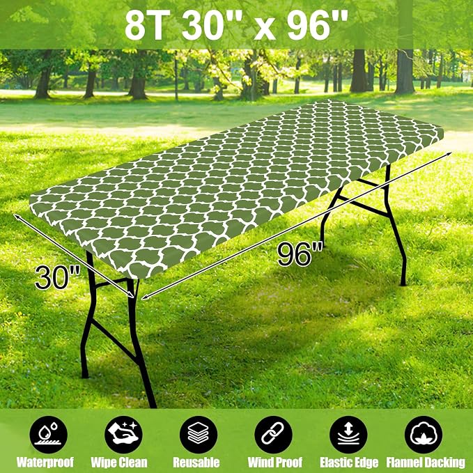 Smiry Picnic Fitted Table Cover, 8 Foot Flannel Backed Vinyl Tablecloth | Waterproof Elastic Stretch Table Cloth, Wipeable Plastic Tablecloth for Camping, Indoor & Outdoor (Green, 30" x 96")