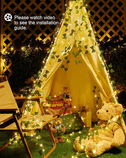 Solar String Lights, 2 Packs Total 66Ft 200 LED Fairy Lights with Ivy | Twinkle Solar Powered Outdoor Lights Plant Vine for Camping Outside Garden Yard Fence Wall Wedding Christmas Warm White