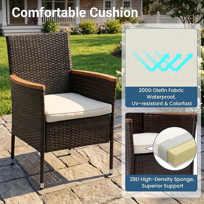 Wisteria Lane Patio Outdoor Table and Chairs Set, Rattan Outdoor Patio Furniture Set with Removable Cushions, Outdoor Patio Dining Sets with Acacia Wood Tabletop for Deck Garden Backyard, Brown